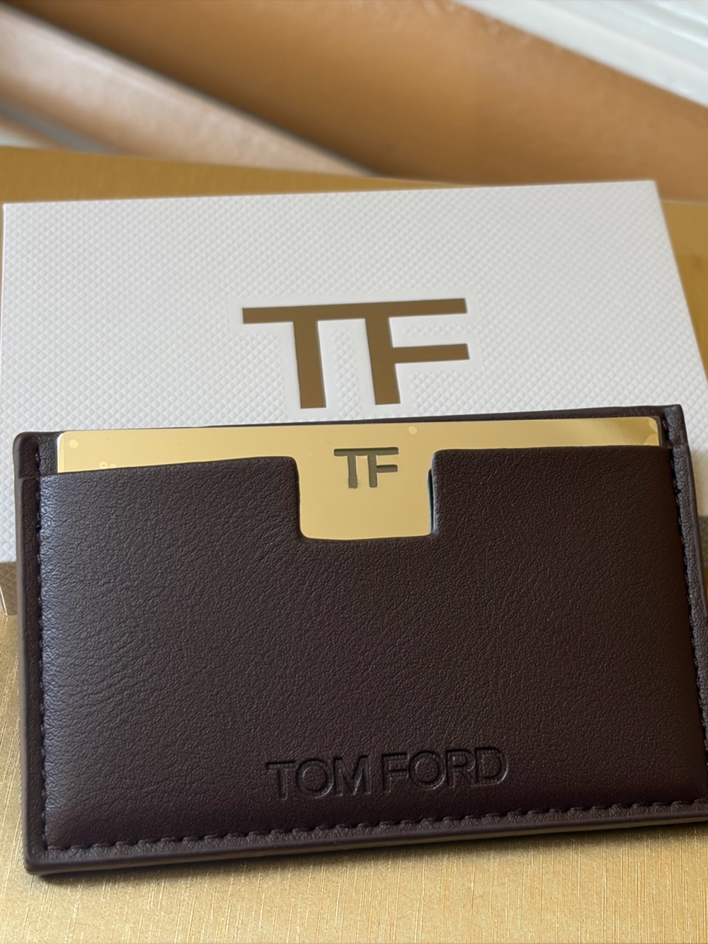 Tom Ford Dark Brown Leather Card with Gold TF mirror Plate